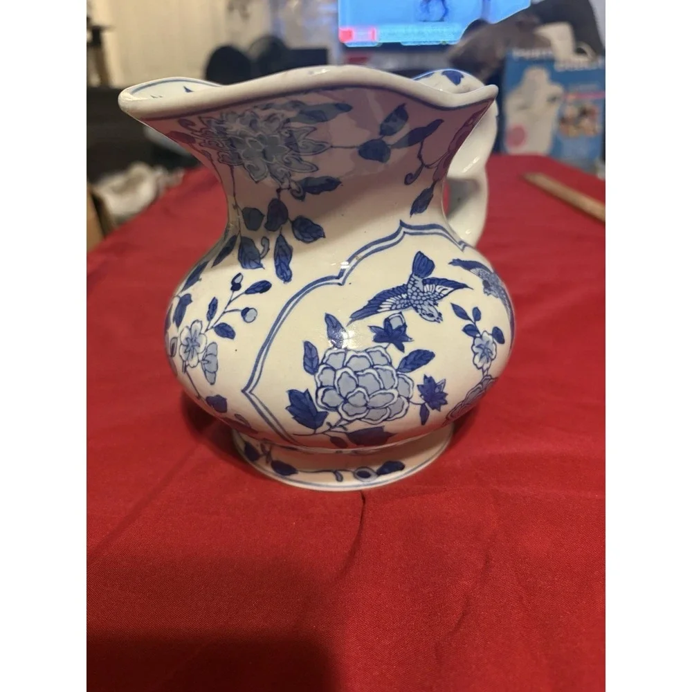 Vintage Andrea by Sadek Blue and White Ceramic Pitcher Birds & Floral 6